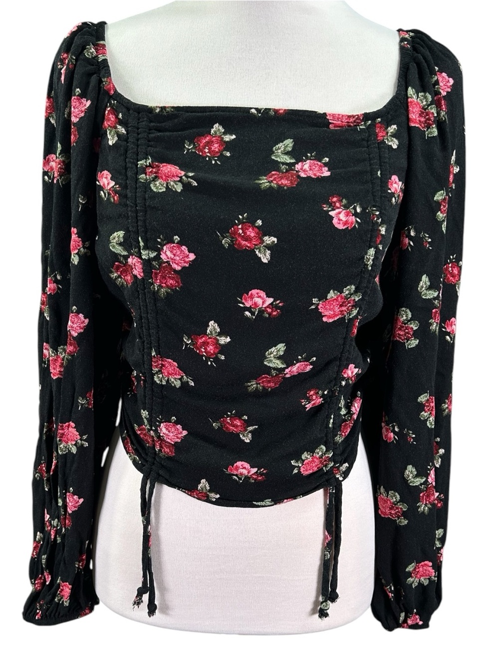 Wild Fable Floral Ruched Crop Top Women’s L Black Rose Cinch Front Coquette